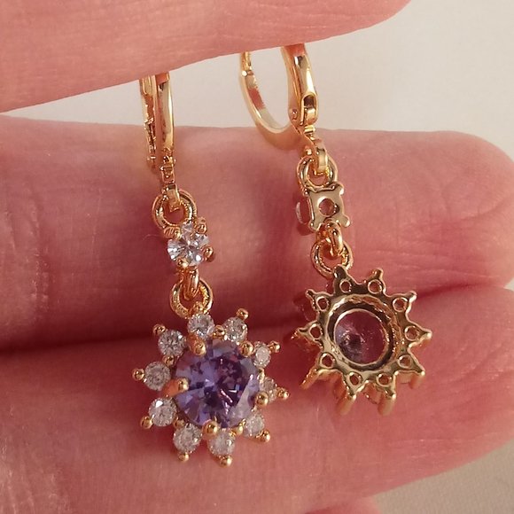 18K Yellow Gold Filled Flower Ameythyst Purple Diamond Zircon Earrings Gorgeous - Picture 4 of 4